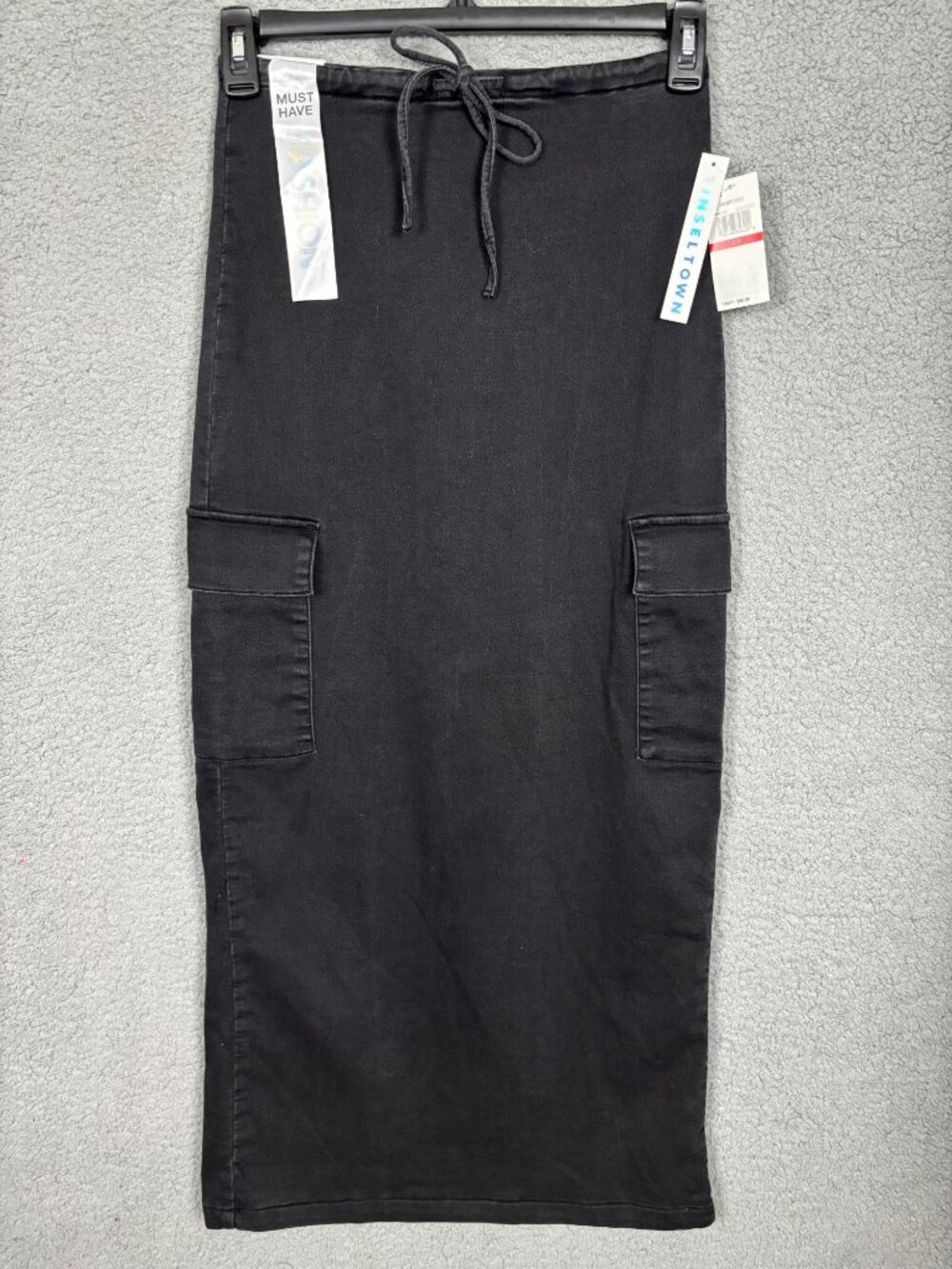 Tinseltown Juniors' Hi-Rise Denim Maxi Skirt Cargo Pockets Black XS NWT's.
